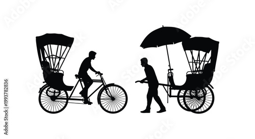Two rickshaws and figures are depicted in a striking black and white image showcasing a classic transportation scene silhouette high quality