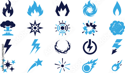 Collection of energy and elemental icons representing fire water air earth and abstract forces.