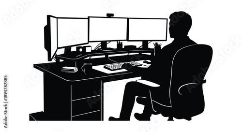 A person works at a multi monitor computer setup focused on their tasks presented as a striking silhouette high quality professional detailed