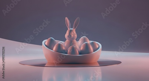 Minimal pastel 3D Easter bunny with eggs in a bowl.