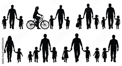 A collection of black silhouettes depicting families walking cycling and interacting in everyday life silhouette high quality professional detailed modern elegant