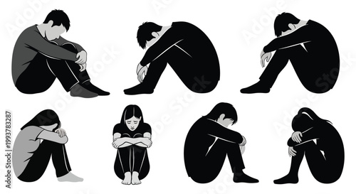 A collection of figures displaying sadness and despair seated and huddled in various poses presented as a silhouette high quality professional