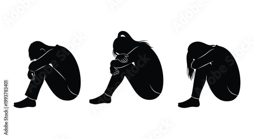Three figures are depicted in seated despairing poses heads bowed and arms embracing their knees a striking silhouette high quality professional