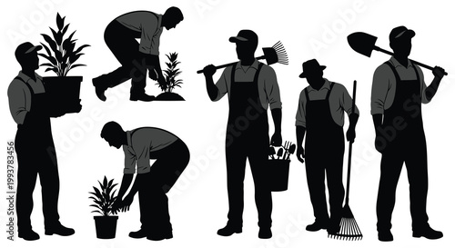 A collection of gardeners in various poses tending to plants presented as a striking black silhouette high quality professional detailed modern