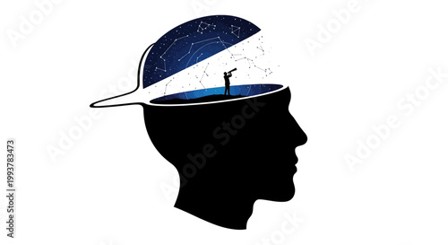 Silhouette of head opening to reveal starry night sky and explorer
