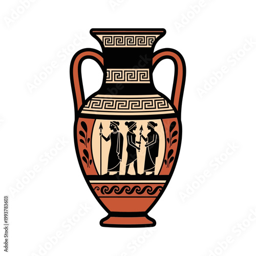 Ancient Greek Amphora Vase with Geometric Patterns and Figures