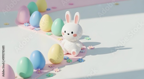 Cute pastel bunny figurine with colorful Easter eggs on soft background.