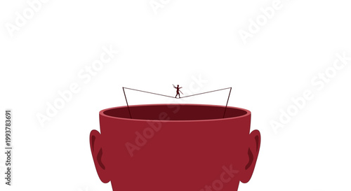Mind balance concept: person walking tightrope inside human head silhouette