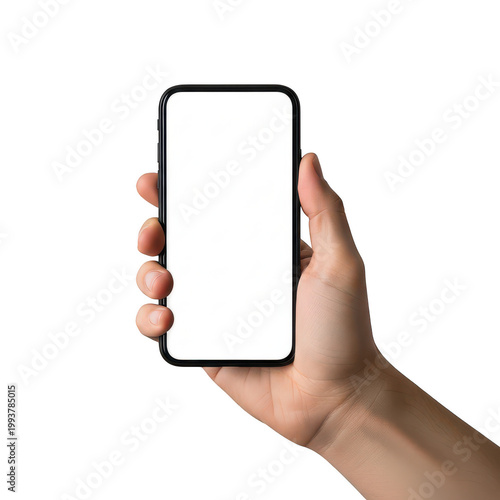 Hand holding a smartphone with a blank screen isolated png