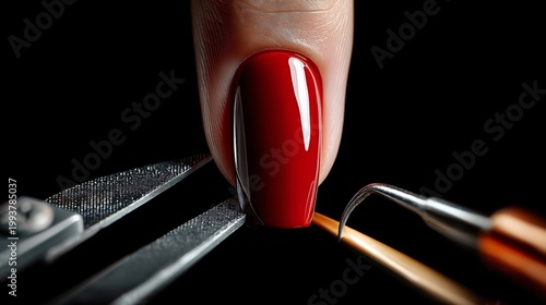 Red manicured nail with nail file and orange stick