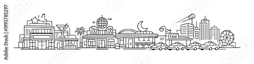 Nightlife district with restaurant facades and taxi stand
