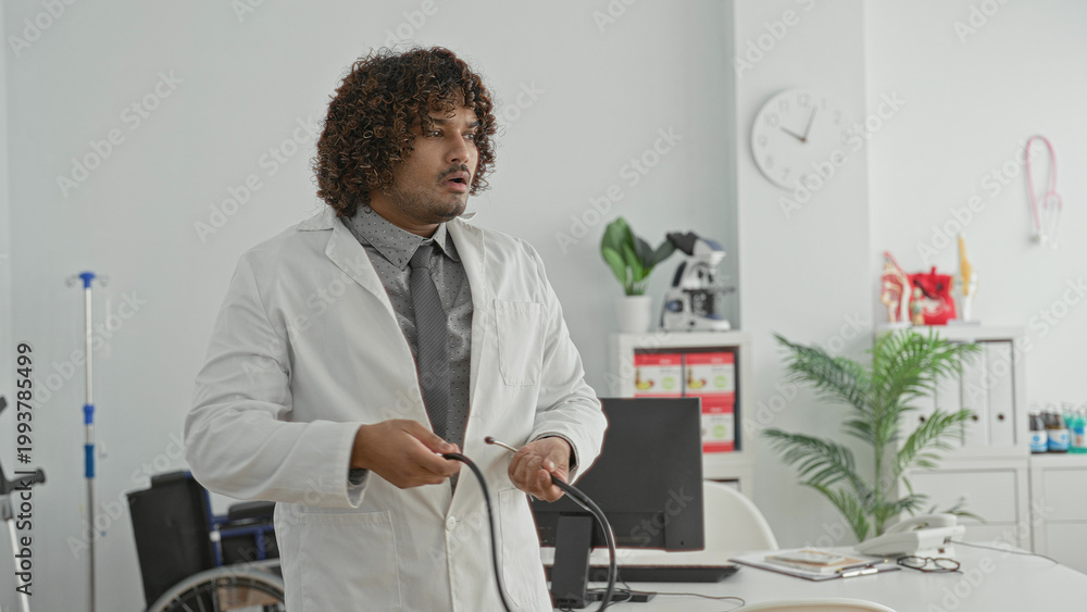 Fototapeta premium Man doctor in clinic building adjusts stethoscope and straightens white coat, hand to mouth gesture for thought; concern.