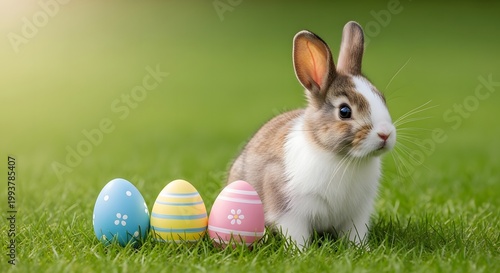 Cute bunny with colorful Easter eggs on green grass at sunrise.