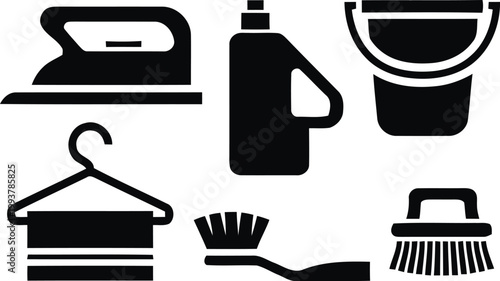 Cleaning supplies silhouette icons iron bottle bucket hanger brush and scrubber