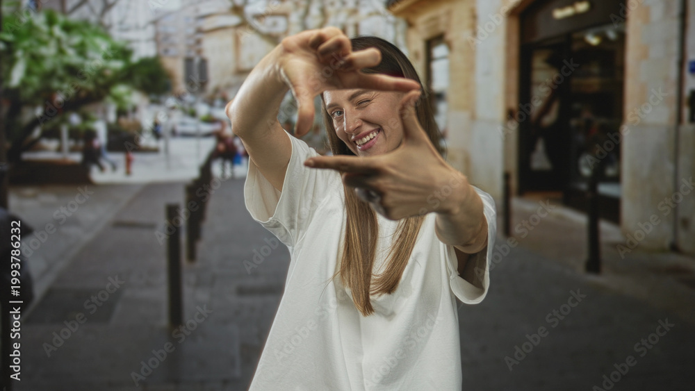 Obraz premium Woman in white t shirt framing her face with her hands, winking and smiling on a cobblestone street; creative joy.