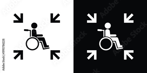Accessibility icon featuring a person in a wheelchair with inward arrows. Represents inclusive design, disability awareness, medical support, and accessible infrastructure for public spaces.