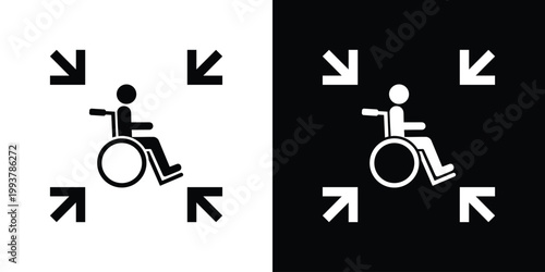 Accessibility icon featuring a person in a wheelchair with inward arrows. Represents inclusive design, disability awareness, medical support, and accessible infrastructure for public spaces.