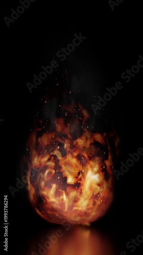 One Large Burning Fire Flame with Reflection - 3d 4k vertical animation (2160 x 3840 px)