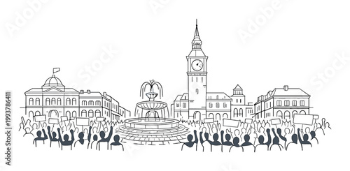 Crowd protesting around fountain in town square with clock tower