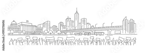 Protesters marching along highway beneath urban overpass and skyline