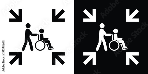 Assisted living icon showing a person pushing a wheelchair with converging arrows. Represents patient care, medical support, healthcare services, and dedicated assistance for the disabled.