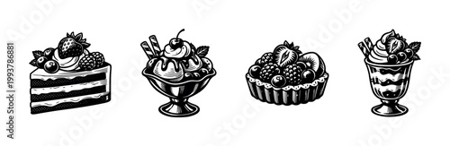 Black and white dessert illustrations featuring cake ice cream parfait and tart in vintage style