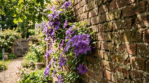 Vibrant purple flowers climbing an old weathered brick wall in a rustic garden during a warm summer afternoon. The image captures