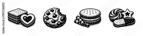 Black and white vector illustration of various cookies and biscuits silhouette elements