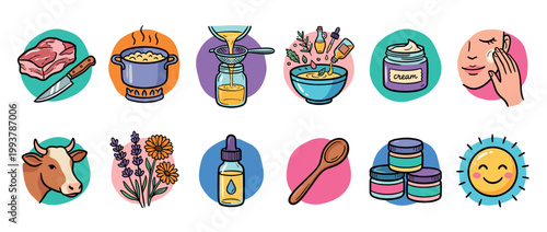 Colorful hand-drawn illustration icons set showing the process of making homemade natural tallow balm from beef fat, herbs, and essential oils for skincare