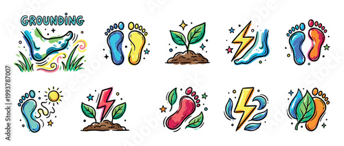 Collection of colorful grounding and earthing icons showing feet connecting with nature, energy, and the elements in a hand-drawn doodle style for wellness concepts