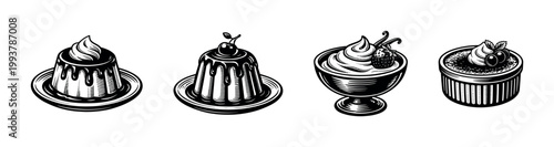 Black and white retro dessert illustrations, pudding and mousse vector elements, culinary clipart
