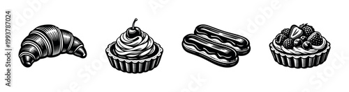 Black and white vintage pastry desserts illustration featuring croissant tart eclairs