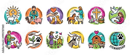 Set of colorful hand-drawn stewardship icons depicting Christian faith, animal care, farming, and environmental conservation concepts in a simple, doodle-like illustrative style