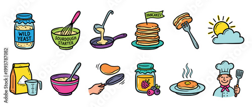 Colorful hand-drawn illustration set of pancake making ingredients and cooking process, including sourdough starter, batter, frying pan, chef, and a stack of fresh flapjacks for breakfast