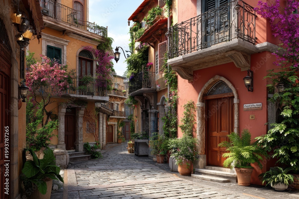 Obraz premium Picturesque Mediterranean Alleyway: A Charming Cobblestone Pathway