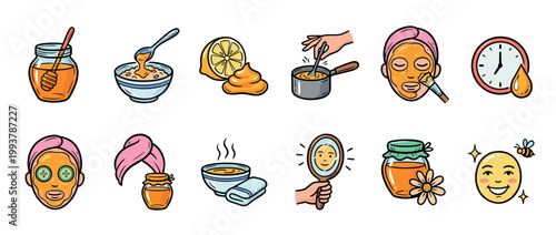 Set of colorful cartoon icons illustrating the steps for a homemade honey facial mask beauty treatment, showing ingredients like lemon, the application process, and a self-care routine