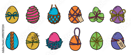 Colorful collection of twelve hand-drawn Easter eggs decorated with ribbons, bows, strings, and tags in a festive doodle style illustration for a spring holiday celebration