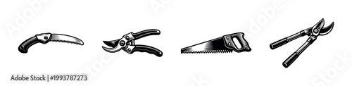 Black and white vector illustration of garden tools including pruning shears saw and loppers