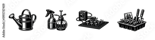 Vintage gardening tools and seedlings illustration, botanical elements, black and white vector art