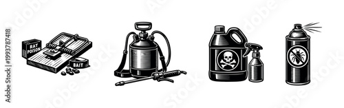 Black and white vector illustrations of pest control equipment, including sprayer, trap, and poison containers