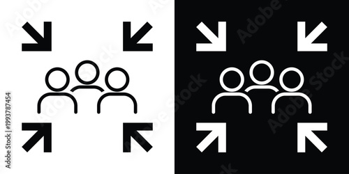 User group icon framed by inward-pointing arrows, representing target audience, community focus, or team selection. Clean vector graphic isolated on high-contrast backgrounds.