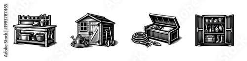Vector illustration of garden tools and storage elements in black and white silhouette style