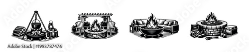 Black and white vector illustrations of outdoor fire pits and grills with seating and accessories