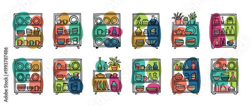 Collection of hand-drawn kitchen cabinets filled with colorful dishware, plates, bowls, and vases, presented in a whimsical doodle style with vibrant abstract color spots
