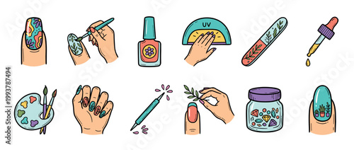 Colorful set of manicure and nail art illustrations showing various tools, polish, a UV lamp, and hands with decorative designs in a cute hand-drawn doodle cartoon style