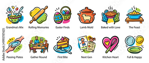 Colorful set of twelve hand-drawn icons depicting family traditions, holiday cooking, and Easter celebrations in a charming doodle style with illustrations of baking, meals, and festive symbols