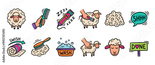 Cute collection of hand-drawn icons illustrating the process of shearing a sheep, from combing and clipping the wool to washing and finishing, depicted in a colorful cartoon style