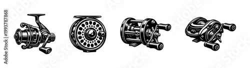 Black and white vector illustration of various fishing reels in detailed silhouette style