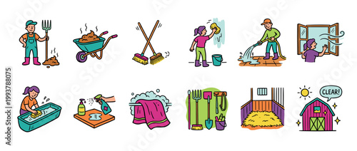 Colorful hand-drawn illustration set showing various farm and stable cleaning chores with people, tools, and a sparkling clean barn