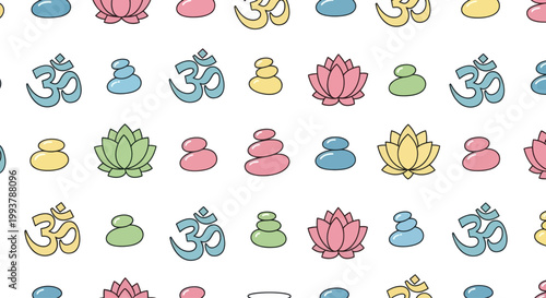 Canvas Print Seamless pattern with Om symbol, lotus flowers, and stacked stones